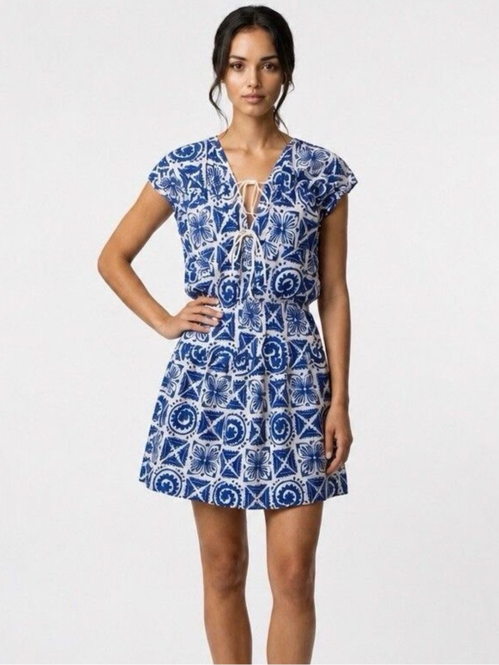 H&M White & Navy Blue Patterned Cotton Dress